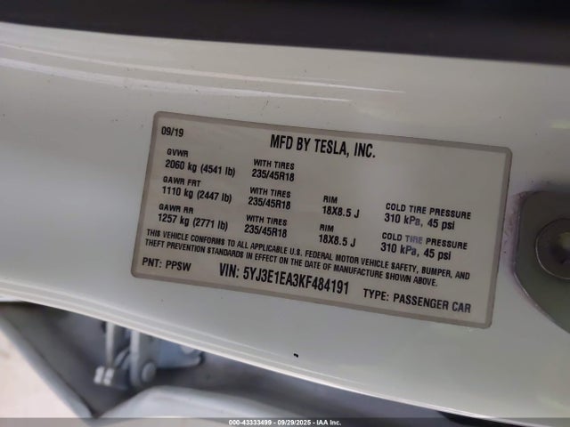 2019 TESLA MODEL 3 5YJ3E1EA3KF484191 Photo 8
