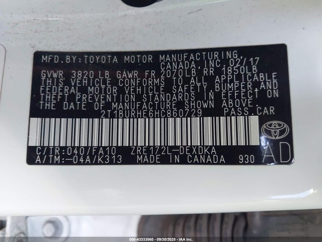 Toyota 2zr-fe 2017 2T1BURHE6HC860729 Image 9