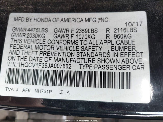 1HGCV1F39JA007662 Honda l15be