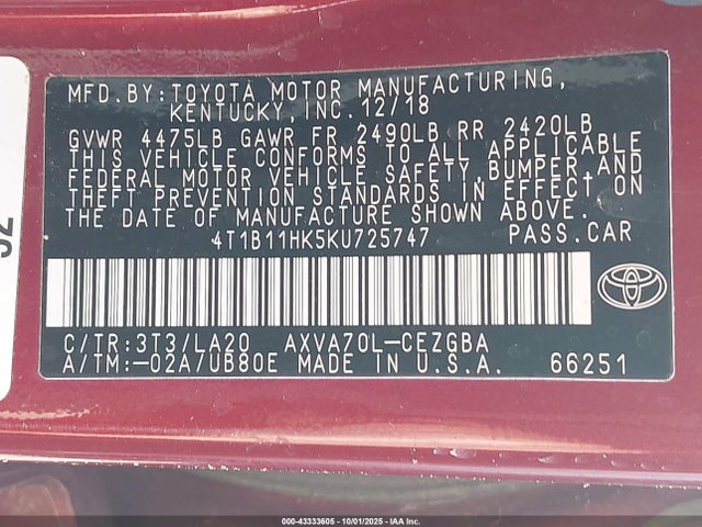 4T1B11HK5KU725747 Toyota CAMRY XLE