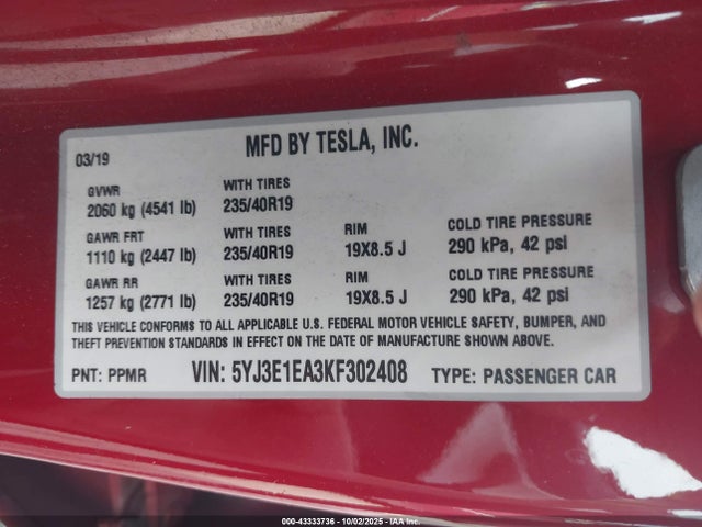 2019 Tesla Model 3 Long Range/mid Range/standard Range/standard Range Plus მანქანა იყიდება აუქციონზე, vin: 5YJ3E1EA3KF302408, აუქციონის ნომერი: 43333736