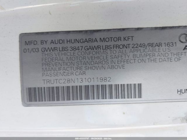 2003 AUDI TT TRUTC28N131011982 Photo 8