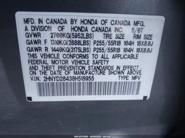2008 ACURA MDX 2HNYD28438H518955 Photo 8