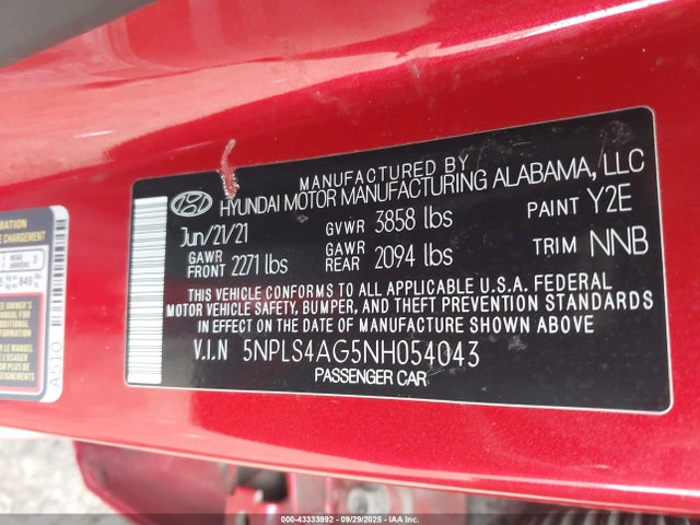 5NPLS4AG5NH054043 Hyundai mpi nu pe