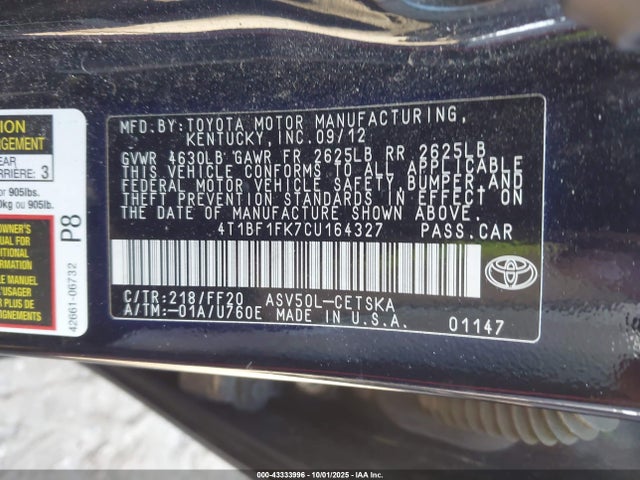 Aukcja sprzedaży 2012 Toyota Camry Se Limited Edition, vin: 4T1BF1FK7CU164327, numer aukcji: 43333996