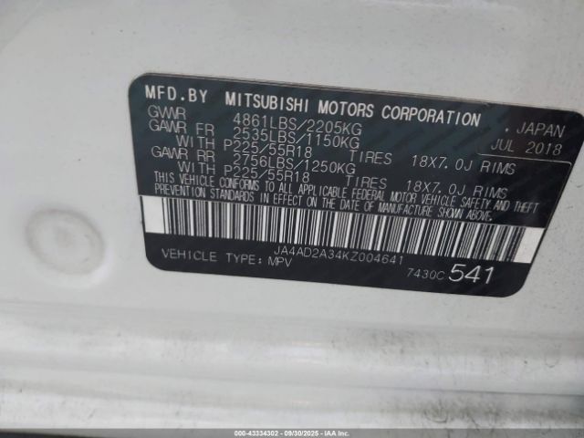 2019 MITSUBISHI OUTLANDER JA4AD2A34KZ004641 Photo 8