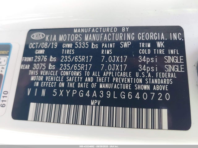 5XYPG4A39LG640720 KIA Sorento 2.4l Lx