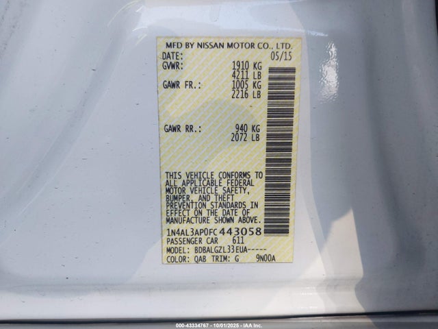 Nissan Altima 2015 1N4AL3AP0FC443058 Image 9