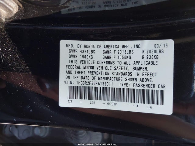 Honda k24w1 2015 1HGCR2F86FA132311 Image 9