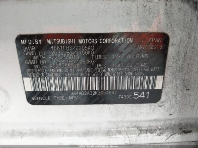 2019 MITSUBISHI OUTLANDER JA4AD2A32KZ054647 Photo 8