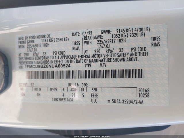 1FMCU9BZ6NUA60524 Ford hev/phev