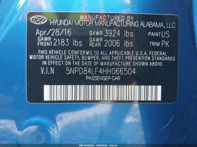 5NPD84LF4HH066504 Hyundai 2017
