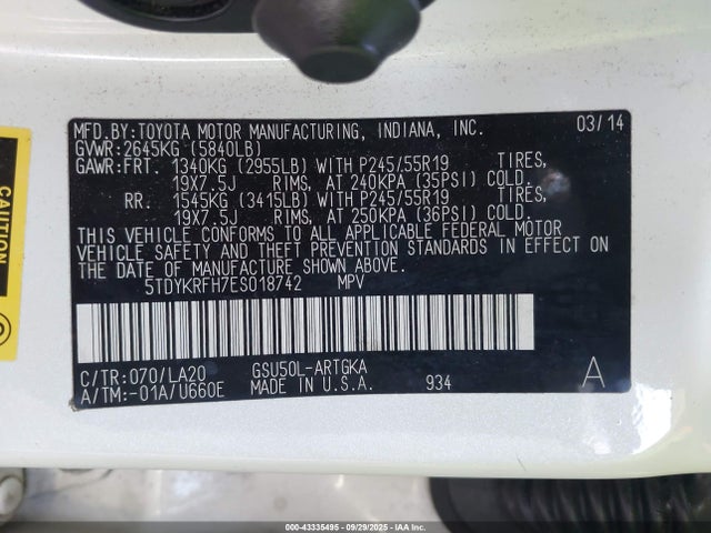 5TDYKRFH7ES018742 Toyota 2gr-fe