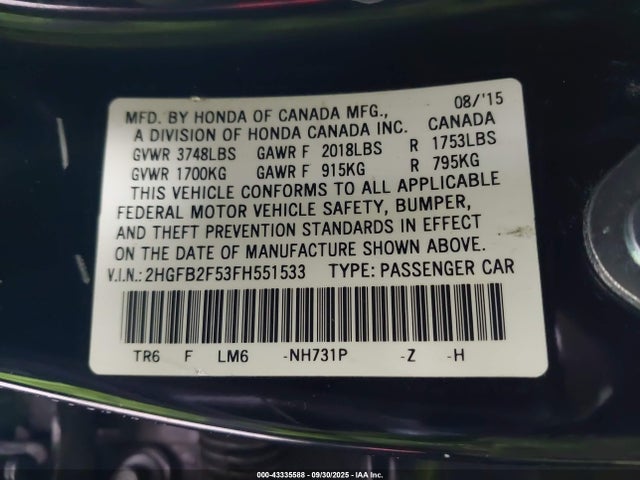 Honda r18z1 2015 2HGFB2F53FH551533 Image 9