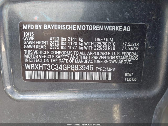 WBXHT3C34GP883946 BMW 2016