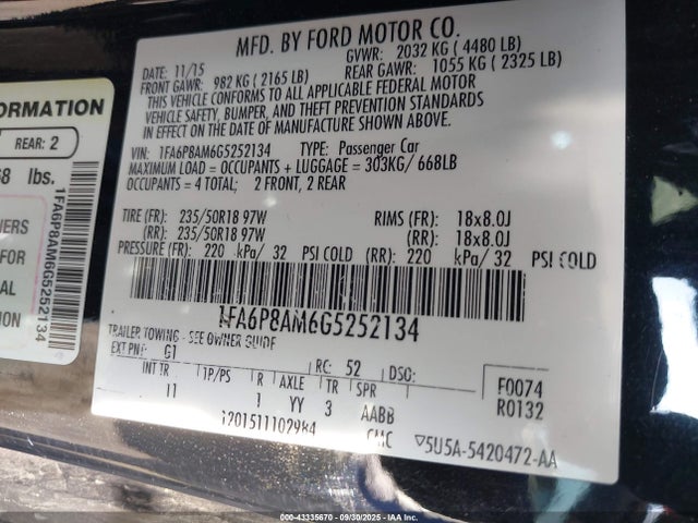 Ford 2016 2016 1FA6P8AM6G5252134 Image 9