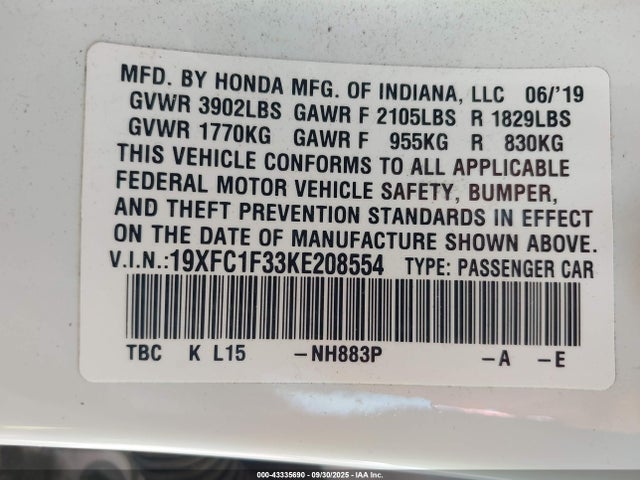 Honda l15b7/l15by 2019 19XFC1F33KE208554 Image 9