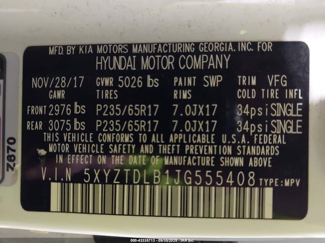 5XYZTDLB1JG555408 Hyundai gdi theta ii