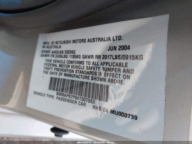 2004 MITSUBISHI DIAMANTE 6MMAP67P84T007083 Photo 8