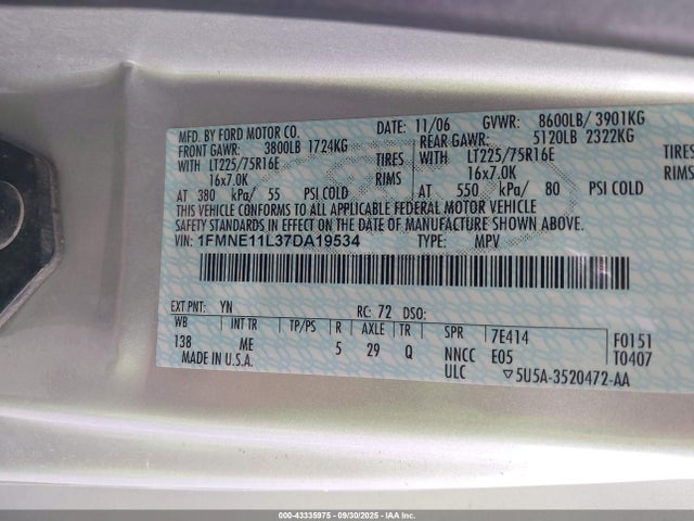 Продажа на аукционе авто 2007 Ford E-150 Chateau/xl/xlt, vin: 1FMNE11L37DA19534, номер лота: 43335975
