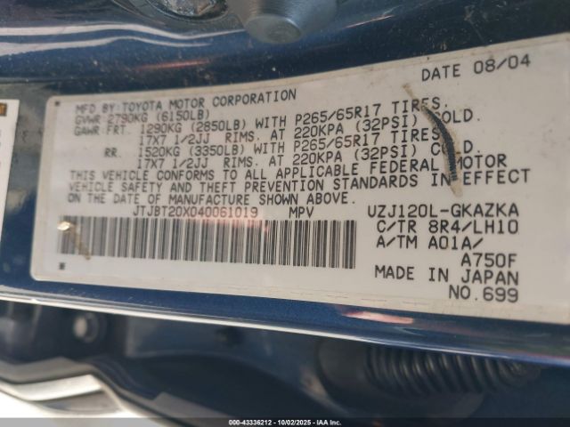 2004 LEXUS GX 470 JTJBT20X040061019 Photo 8