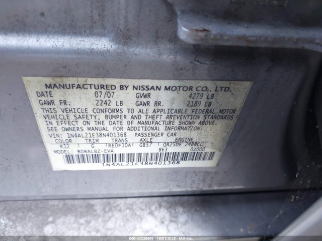 Продажа на аукционе авто 2008 Nissan Altima 2.5 S, vin: 1N4AL21E38N401368, номер лота: 43336408