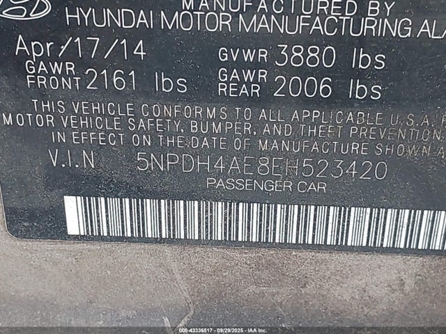 5NPDH4AE8EH523420 Hyundai dohc mpi nu