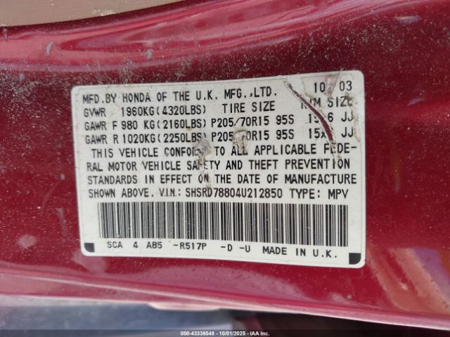 2004 HONDA CR-V SHSRD78804U212850 Photo 8