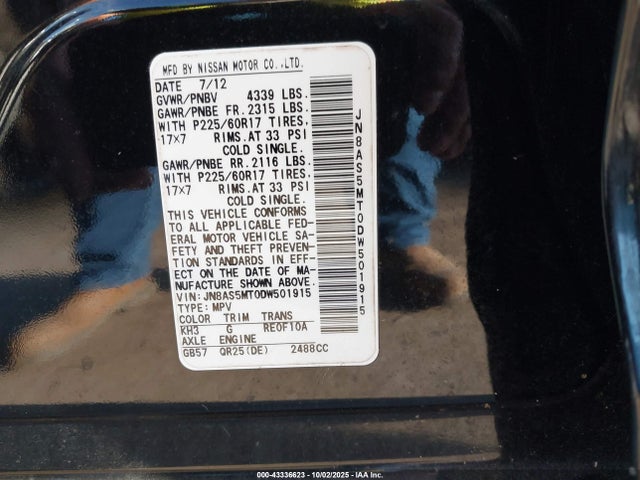 43336623 :رقم المزاد ، JN8AS5MT0DW501915 vin ، 2013 Nissan Rogue Sv مزاد بيع
