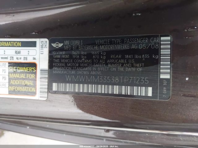 2008 MINI COOPER S CLUBMAN WMWMM33538TP71235 Photo 8