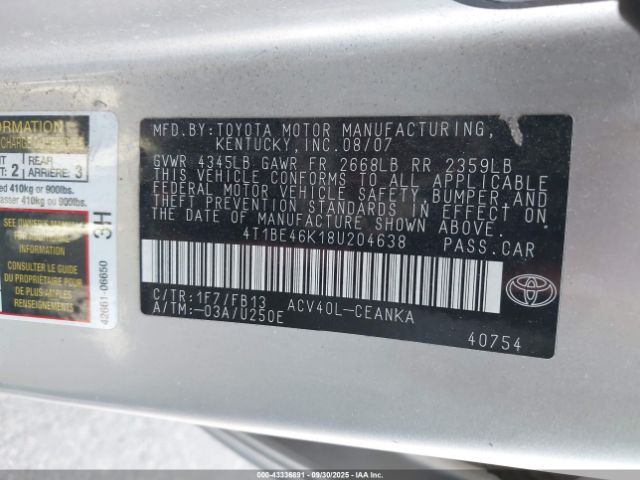 2008 TOYOTA CAMRY 4T1BE46K18U204638 Photo 8
