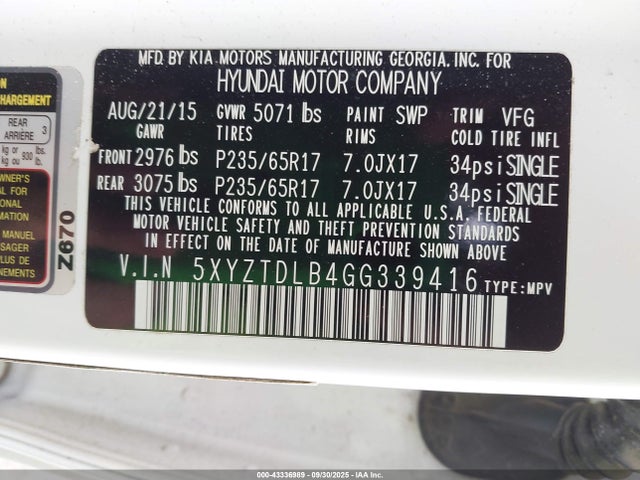 5XYZTDLB4GG339416 Hyundai gdi theta ii