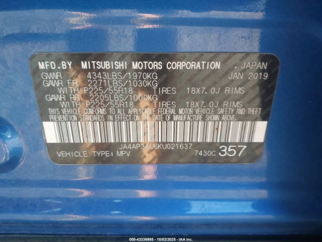 2019 MITSUBISHI OUTLANDER SPORT JA4AP3AU6KU021637 Photo 8