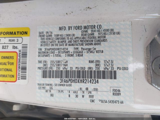 2017 FORD FUSION 3FA6P0HDXHR214234 Photo 8