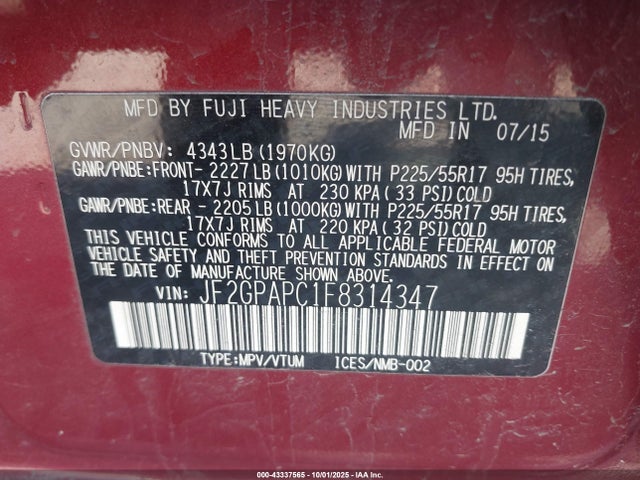 Subaru 2.0l naturally aapirated 2015 JF2GPAPC1F8314347 Image 9