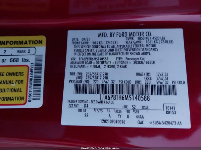 2021 FORD MUSTANG 1FA6P8TH6M5140588 Photo 8