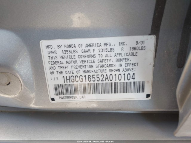 2002 HONDA ACCORD SDN 1HGCG16552A010104 Photo 8