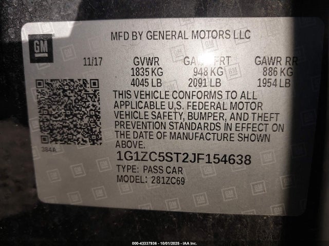 Chevrolet lfv - direct injection, variable valve timing, gen 1 2018 1G1ZC5ST2JF154638 Image 9