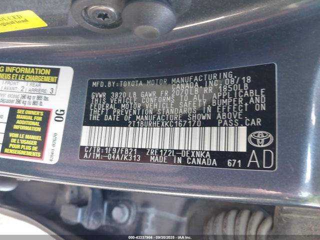 Toyota 2zr-fe 2019 2T1BURHEXKC167170 Image 9