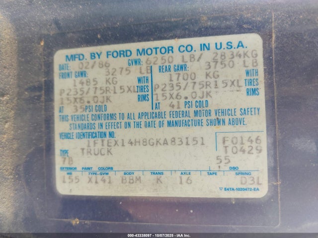 1986 FORD F150 1FTEX14H8GKA83151 Photo 8