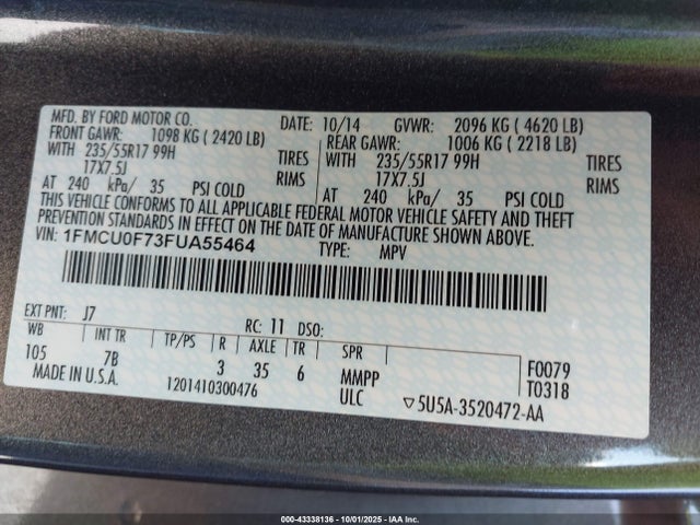 Ford Escape 2015 1FMCU0F73FUA55464 Image 9