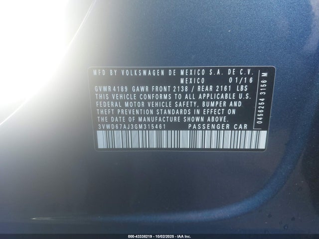 Aukcja sprzedaży 2016 Volkswagen Jetta 1.4t Se, vin: 3VWD67AJ3GM315461, numer aukcji: 43338219