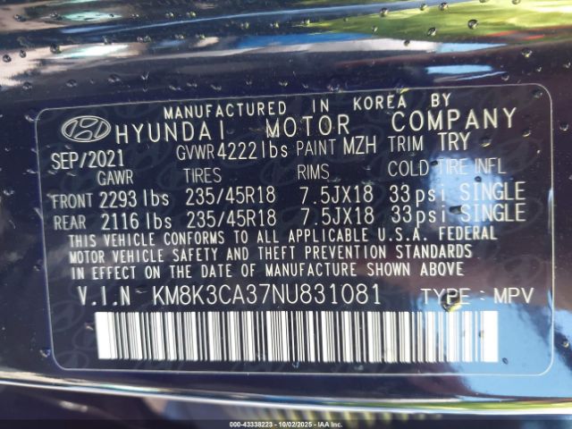 2022 HYUNDAI KONA KM8K3CA37NU831081 Photo 8