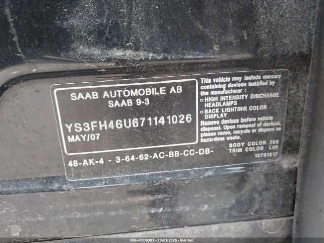 2007 SAAB 9-3 YS3FH46U671141026 Photo 8