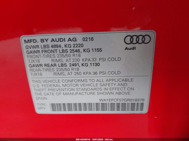 2016 AUDI Q3 WA1EFCFS7GR018378 Photo 8