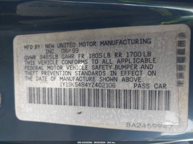 2000 CHEVROLET PRIZM 1Y1SK5484YZ402106 Photo 8