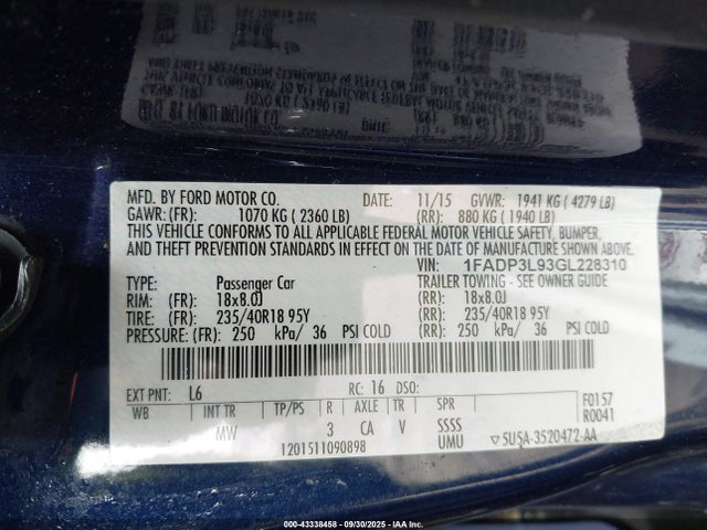 Ford 2016 2016 1FADP3L93GL228310 Image 9