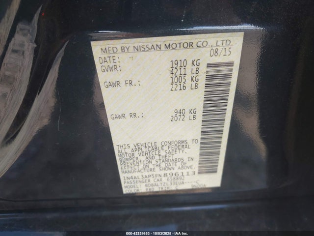 43338653 :رقم المزاد ، 1N4AL3AP5FN896113 vin ، 2015 Nissan Altima 2.5/2.5 S/2.5 Sl/2.5 Sv مزاد بيع