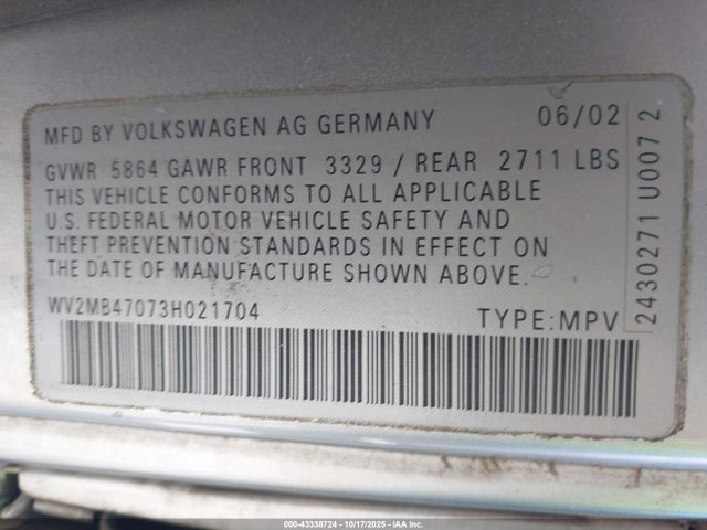 43338724 :رقم المزاد ، WV2MB47073H021704 vin ، 2003 Volkswagen Eurovan Mv مزاد بيع