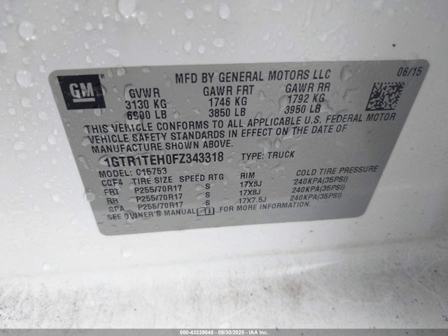 43339048 :رقم المزاد ، 1GTR1TEH0FZ343318 vin ، 2015 Gmc Sierra 1500 مزاد بيع